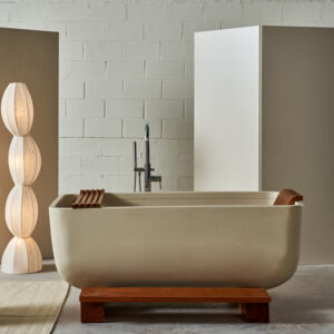 Mineral, AC, Banheira Retang (158x103x70cm) Madeira Natural Cumarú (Assento, Base e Degrau)